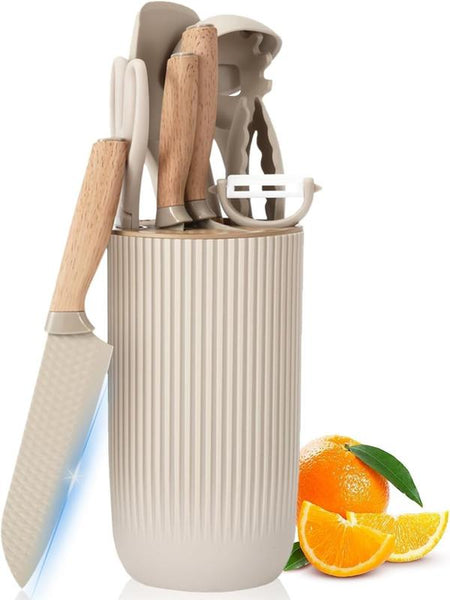 10 Pieces Silicone Cooking Utensils Set with Knife Block Set, Include 4Pcs Utensils Spatulas & 5Pcs Sharp Stainless Steel Chef Knife, Khaki