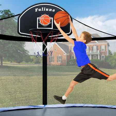 Trampoline Basketball Hoop, Basketball Hoop for Trampoline Fits for 25Mm Straight Pole & Curved Pole, Trampoline Basketball Hoop Attachment with Protective Net,Mini Ball,Pump, Easy to Install