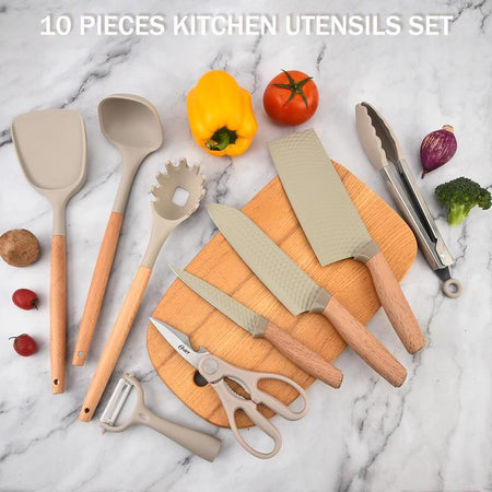 10 Pieces Silicone Cooking Utensils Set with Knife Block Set, Include 4Pcs Utensils Spatulas & 5Pcs Sharp Stainless Steel Chef Knife, Khaki