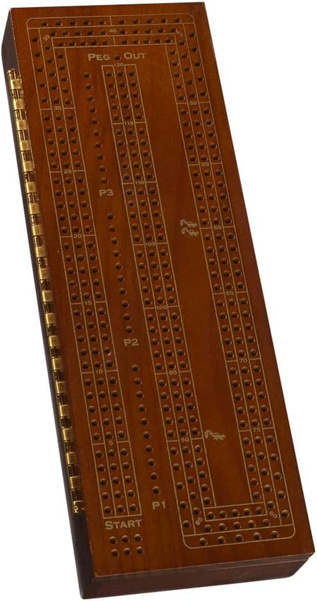 3 Player Wood Cribbage Set - Easy Grip Pegs and 2 Decks of Cards inside of Board - Walnut Stained