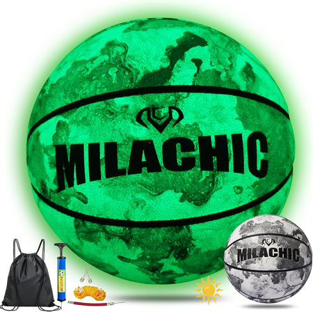 Glow in the Dark Basketball - Glowing Leather Green Light up Gift for Teenagers, Men, Women - Indoor-Outdoor Night Game with Pump (Size 5/6/7)