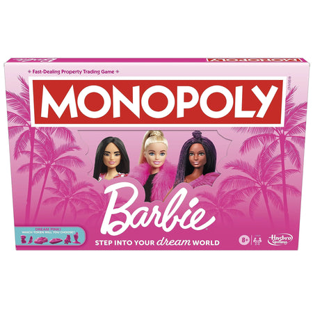 Monopoly: Barbie Edition Board Game Ages 8+ 2-6 Players Fun Family Games for Kids and Adults with 6 Barbie-Themed Pink Zinc Tokens Kids Gifts