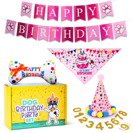 Pacific Pups - Dog Birthday Party Set - Dog Birthday Hat, Birthday Dog Bandanna, Squeaky Dog Toy, Birthday Banner for Pet Birthday Party