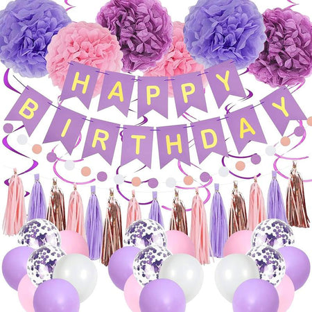 Purple Pink Birthday Party Decorations Set with Happy Birthday Banner, Hanging Swirls, Tissue Paper Pompoms, Circle Dots Garland & More Balloons