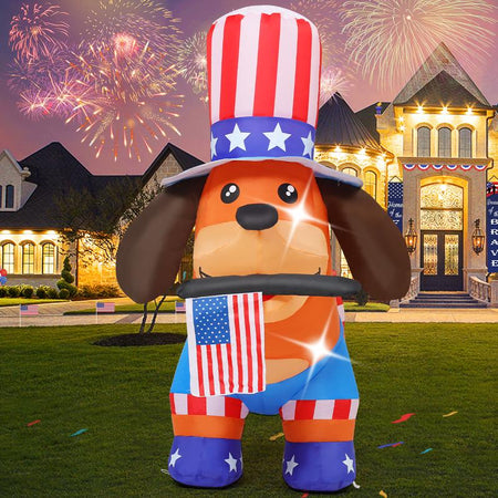 4Th of July Inflatables 4FT Dog with American Flag Independence Day Blow up Inflatable Yard Decorations with Built-In Leds for Holiday Party Indoor Outdoor Yard Garden Lawn