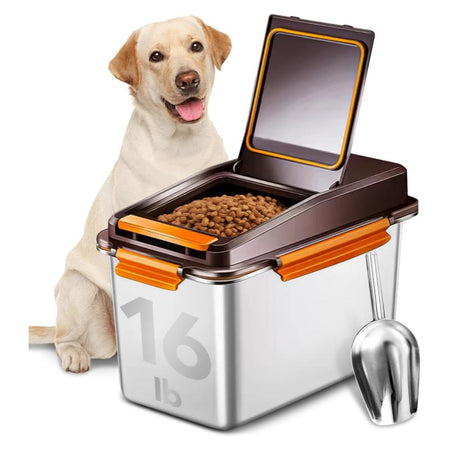 Dog Food Storage Container Stainless Steel with Scoop, 16Lb/7.4Kg Airtight Pet Metal Food Storage Bin, Cat Food Container for Dry Dog Food, Cat Food, Bird Seed, Keep Food Fresh, Brown