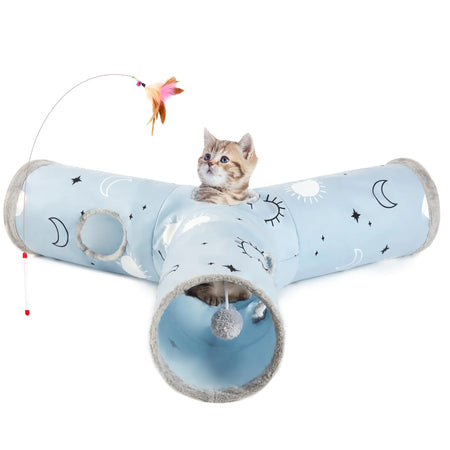 Tempcore Pet Cat Tunnel Tube Cat Toys 3 Way Collapsible Cat Tunnels for Indoor Cats,Kitty Tunnel Bored Cat Pet Toys Peek Hole Toy Ball Cat Puppy Kitty Kitten Rabbit Blue Large Size Blue Sun