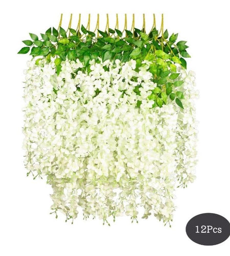 12 Piece Artificial Silk Wisteria Vine 3.6 Feet Ratta Hanging Flower Garland String Home Party Wedding Decor (White)