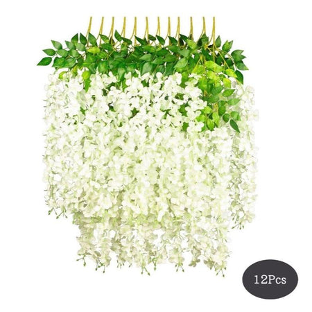12 Piece Artificial Silk Wisteria Vine 3.6 Feet Ratta Hanging Flower Garland String Home Party Wedding Decor (White)