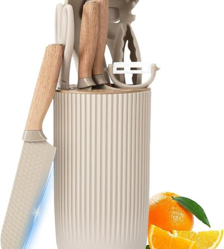 10 Pieces Silicone Cooking Utensils Set with Knife Block Set, Include 4Pcs Utensils Spatulas & 5Pcs Sharp Stainless Steel Chef Knife, Khaki