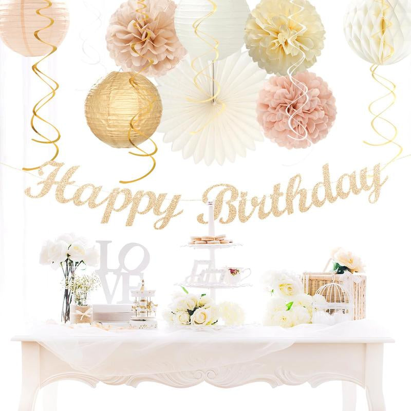 Boho Birthday Party - Decorations 21Pcs Autumn Neutral Retro Happy Banner, Girl Sweet Peach Paper Streamers Lanterns, Rustic Backdrop Decor Set Cozy