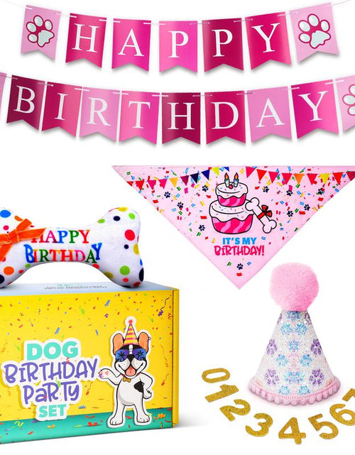 Load image into Gallery viewer, Pacific Pups - Dog Birthday Party Set - Dog Birthday Hat, Birthday Dog Bandanna, Squeaky Dog Toy, Birthday Banner for Pet Birthday Party
