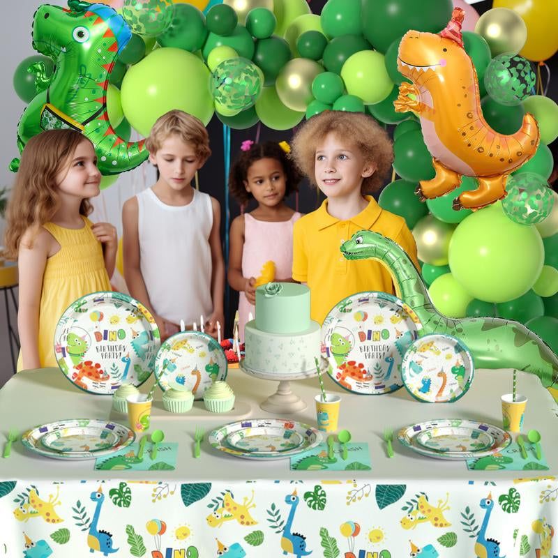 Dinosaur Birthday Party Supplies Set - 242 PCS Green Balloon Garland Arch Kit with Dino Balloons, Tableware, and Decorations