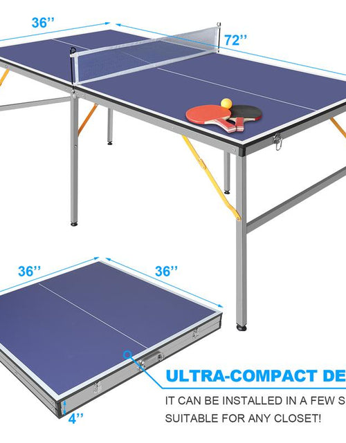Load image into Gallery viewer, 6Ft Mid-Size Table Tennis Table Foldable &amp; Portable Ping Pong Table Set for Indoor &amp; Outdoor Games with Net, 2 Table Tennis Paddles and 3 Balls
