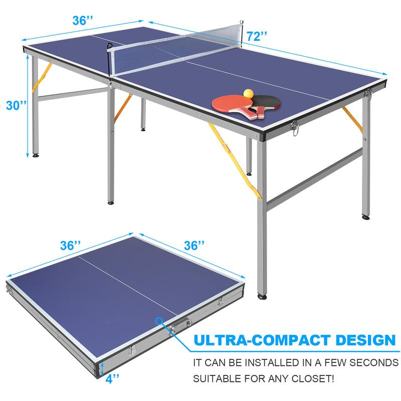 6Ft Mid-Size Table Tennis Table Foldable & Portable Ping Pong Table Set for Indoor & Outdoor Games with Net, 2 Table Tennis Paddles and 3 Balls