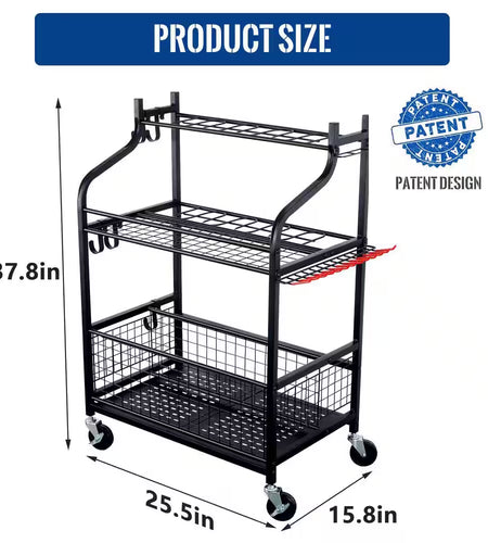 3- Tier Garden Tool Organizer for Garage-Yard Tool Racks with Wheels