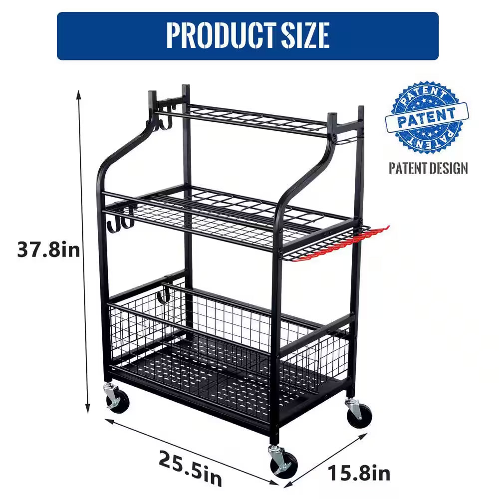 3- Tier Garden Tool Organizer for Garage-Yard Tool Racks with Wheels
