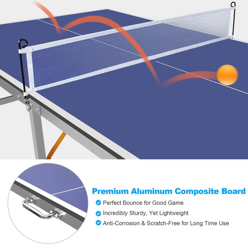 6Ft Mid-Size Table Tennis Table Foldable & Portable Ping Pong Table Set for Indoor & Outdoor Games with Net, 2 Table Tennis Paddles and 3 Balls