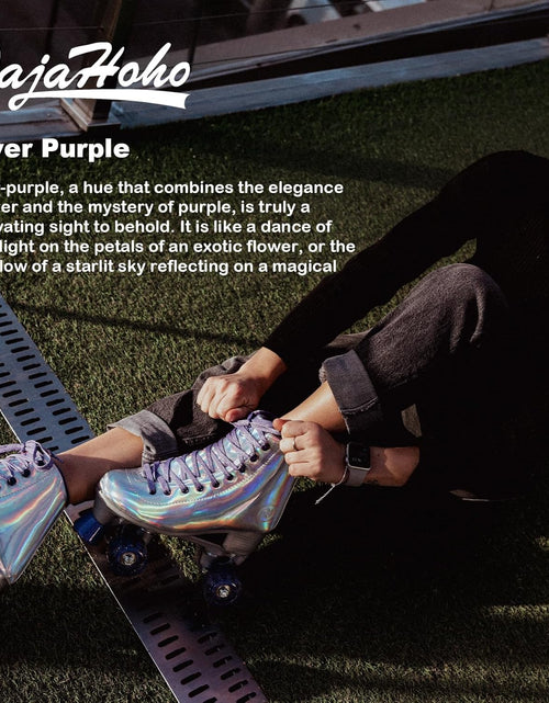 Load image into Gallery viewer, Roller Skates for Women, Holographic High Top PU Leather Rollerskates, Shiny Double-Row Four Wheels Quad Skates for Girls and Age 8-50 Indoor Outdoor (Silver Purple)
