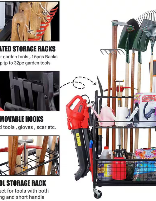 Load image into Gallery viewer, 3- Tier Garden Tool Organizer for Garage-Yard Tool Racks with Wheels
