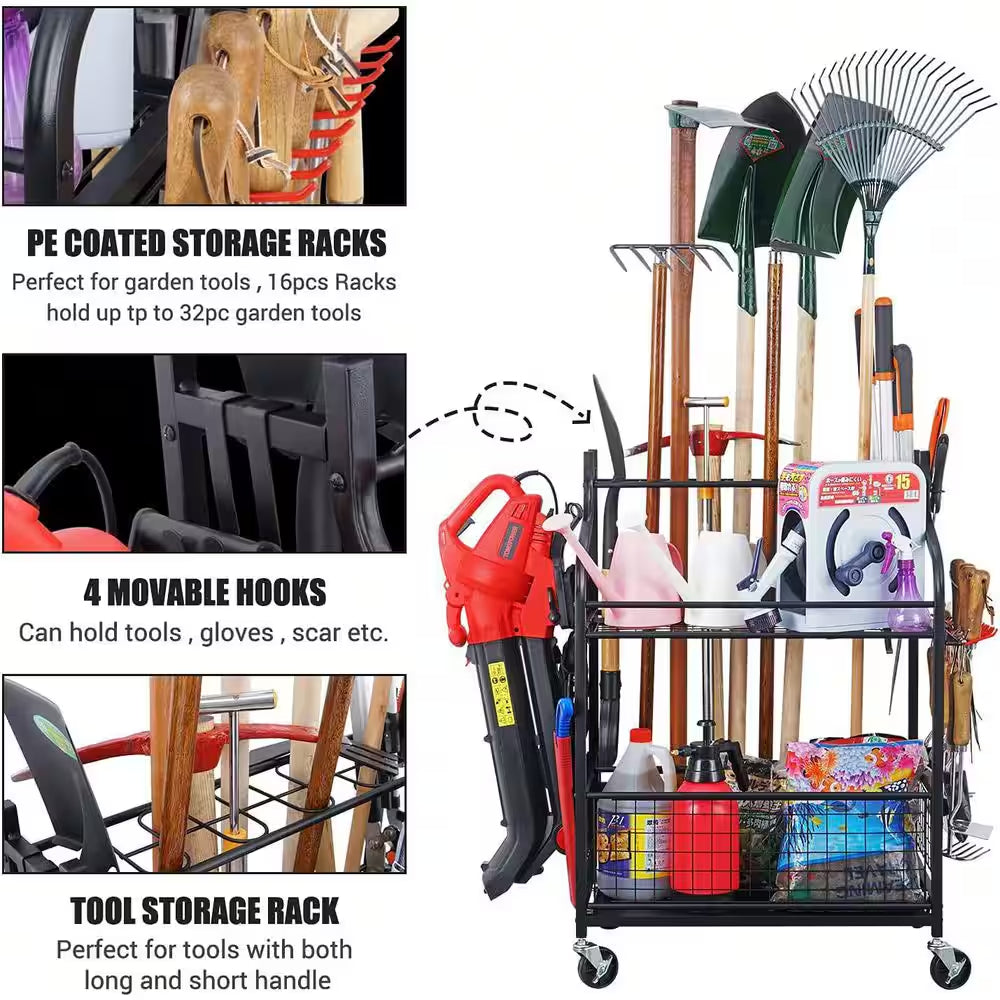 3- Tier Garden Tool Organizer for Garage-Yard Tool Racks with Wheels
