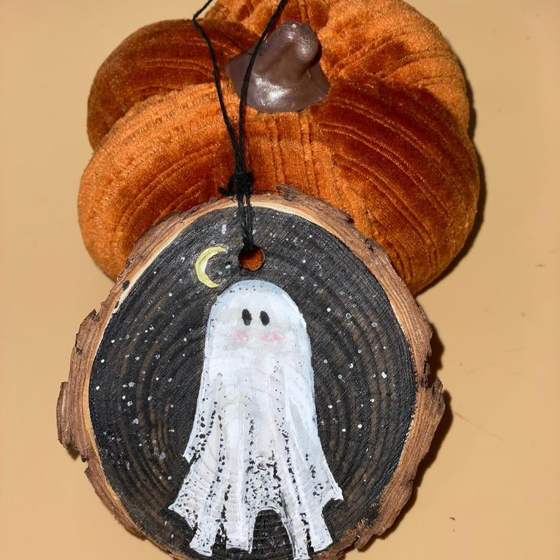 Wooden Hand Painted Halloween Decor - Handpainted Ghost on Wooden Circle Spooky Ornaments Decoration
