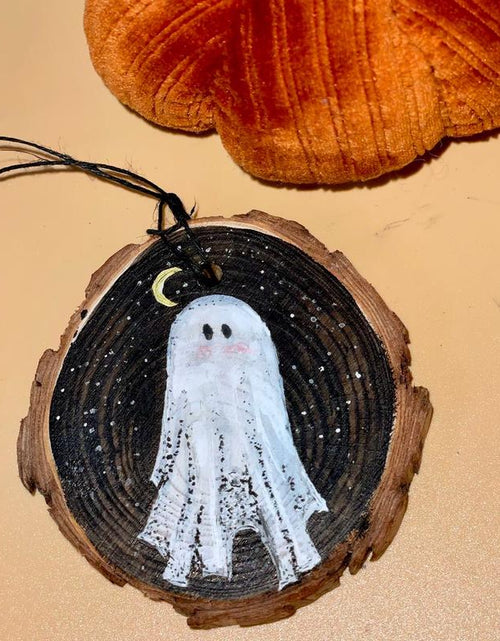 Load image into Gallery viewer, Wooden Hand Painted Halloween Decor - Handpainted Ghost on Wooden Circle Spooky Ornaments Decoration
