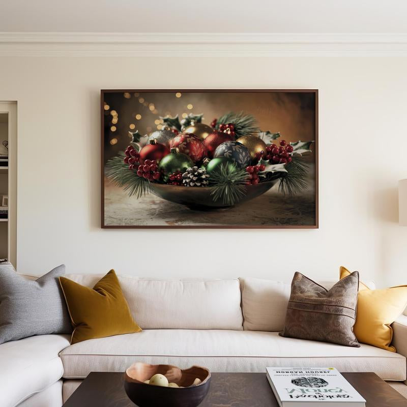 Elegant Christmas Ornament Wall Art Poster - High Quality Holiday Décor Physical Decoration, Aesthetic Holly Ornament Print Picture Unframe