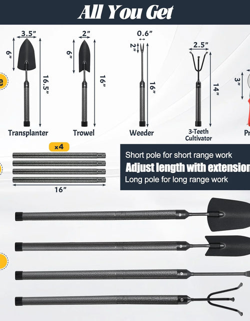 Load image into Gallery viewer, Garden Tools Set with Extension Handles, Heavy-Duty Steel Thick Gardening Hand Tools,5 Pieces
