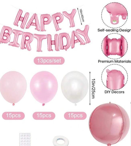 59Pcs Pink Birthday Party Decoration Set Including Happy Birthday Banner, Latex Balloons, 4D round Foil Balloons with Glue Dots, and White Ribbon Birthday Balloon Foil Balloon Party Decoration Birthday Decoration