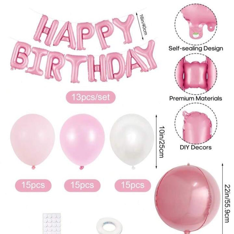 59Pcs Pink Birthday Party Decoration Set Including Happy Birthday Banner, Latex Balloons, 4D round Foil Balloons with Glue Dots, and White Ribbon Birthday Balloon Foil Balloon Party Decoration Birthday Decoration