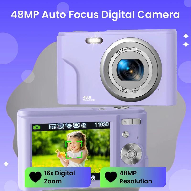Auto Focus Digital Camera, 1 Count Full HD 1080P/48MP Mini Digital Cameras with 32G Memory Card, Compact Portable Camera, 16X Zoom Digital Camera Pictures For, Photo Camera, Shoot Cameras, Pocket Camera