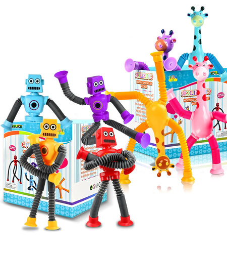 CHESLICR Autism Sensory Toys for Kid Boys Year Old Ages 4 5 6 7 8 9 10(8PCS) Suction Robot Toy Pop Tube Fidget Toys Autistic Travel Toys Valentines Day Gift Easter Basket Stocking Stuffer for Kids