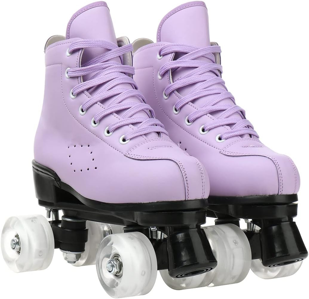 Roller Skates for Women and Men Cowhide High-Top Shoes Classic Double-Row Roller Skate Four-Wheel Roller Skates for Men Girls Unisex