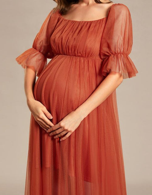 Load image into Gallery viewer, EVER PRETTY Sheer Off-Shoulder Double Skirt Maxi Maternity Dress below the Ankle Square Neckline Long Sleeves Concealed Zipper Back 20862
