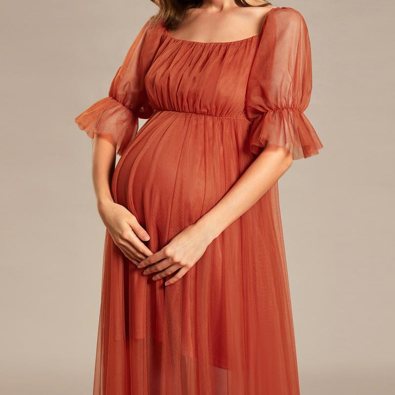 EVER PRETTY Sheer Off-Shoulder Double Skirt Maxi Maternity Dress below the Ankle Square Neckline Long Sleeves Concealed Zipper Back 20862