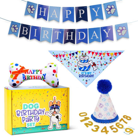 Pacific Pups - Dog Birthday Party Set - Dog Birthday Hat, Birthday Dog Bandanna, Squeaky Dog Toy, Birthday Banner for Pet Birthday Party