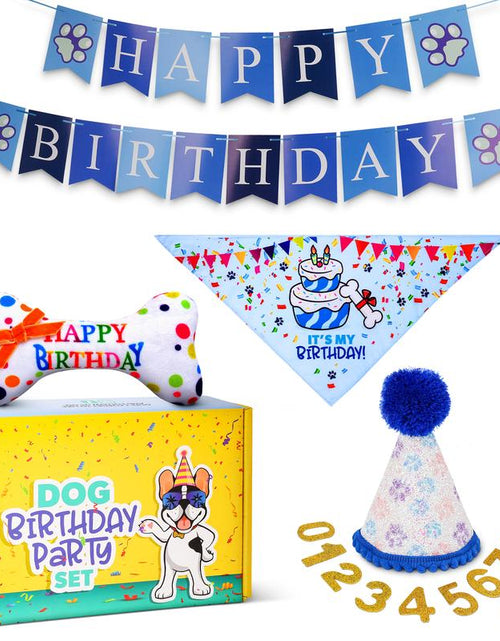 Load image into Gallery viewer, Pacific Pups - Dog Birthday Party Set - Dog Birthday Hat, Birthday Dog Bandanna, Squeaky Dog Toy, Birthday Banner for Pet Birthday Party
