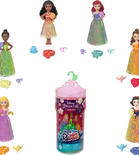 Mattel Disney Princess Toys Small Doll Royal Color Reveal with 6 Surprises Including Scented Ring & 4 Accessories Garden Party Series (Dolls May Vary)
