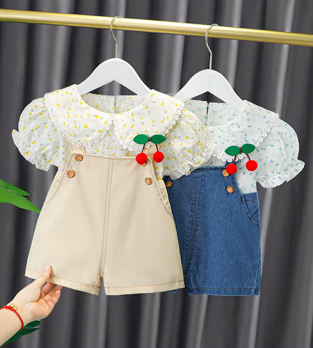 New Summer Newborn Girl Baby Clothes Outfit Sets Floral Shirt + Denim Overalls Suit for Girls Baby Clothing 1 Year Birthday Sets