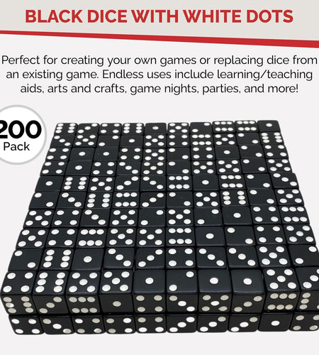 D6 Standard 16 Mm Opaque Dice with Pip Dots - 200 Pack - Black