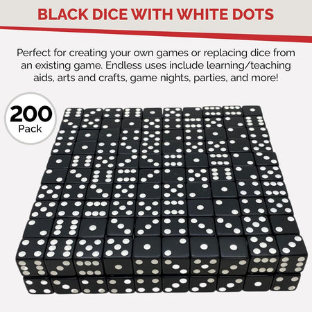 D6 Standard 16 Mm Opaque Dice with Pip Dots - 200 Pack - Black