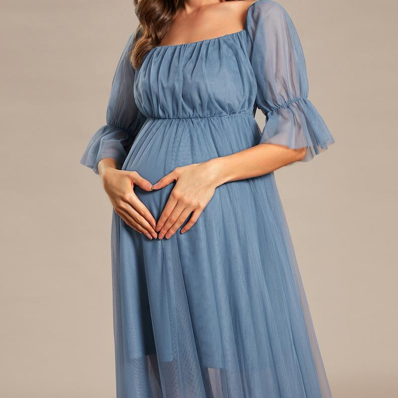EVER PRETTY Sheer Off-Shoulder Double Skirt Maxi Maternity Dress below the Ankle Square Neckline Long Sleeves Concealed Zipper Back 20862