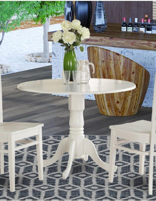 Load image into Gallery viewer, DLGR3-WHI-W 3 Piece Dining Table Set for Small Spaces Contains a round Dining Room Table with Dropleaf and 2 Wood Seat Chairs, 42X42 Inch, Linen White
