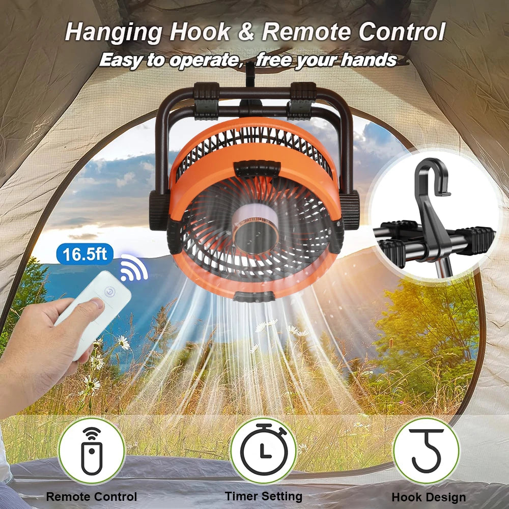 Camping Fan 20000Mah Rechargeable Portable Outdoor Camping Fan Wireless Camping Air Circulator Tent Ceiling Fan with LED Light