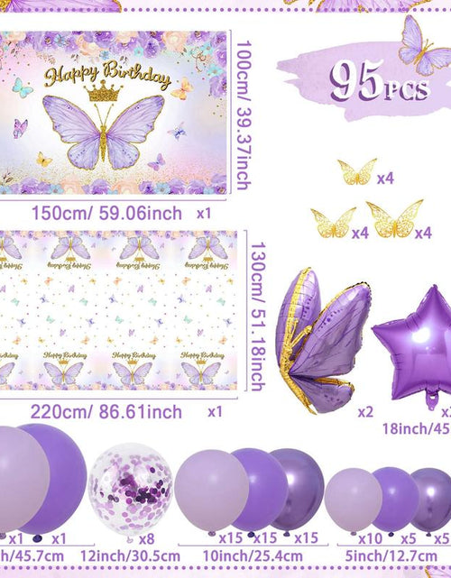 Load image into Gallery viewer, Butterfly Birthday Balloon Arch Kit, 95Pcs Purple Pink Butterfly Birthday Party Decoration DIY Set, Lavender Balloons Foil Balloons, Happy Birthday Backdrop Tablecloth, Girl&#39;S Birthday Party Balloon Garland, Party Supplies, Father&#39;S Day Gift
