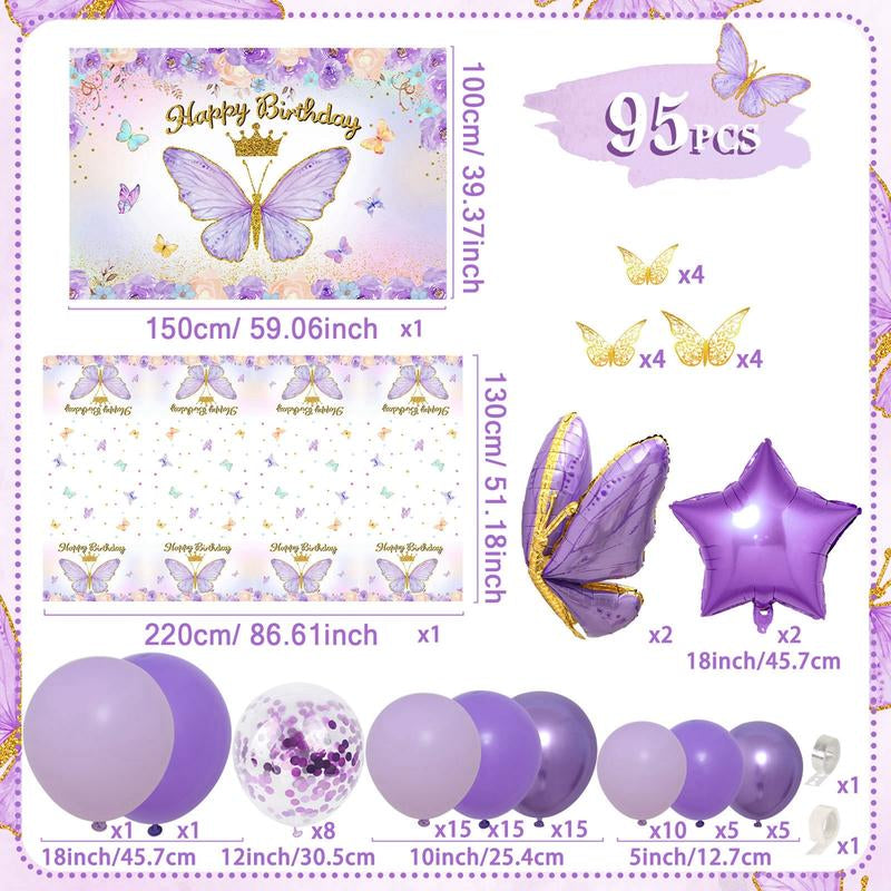 Butterfly Birthday Balloon Arch Kit, 95Pcs Purple Pink Butterfly Birthday Party Decoration DIY Set, Lavender Balloons Foil Balloons, Happy Birthday Backdrop Tablecloth, Girl'S Birthday Party Balloon Garland, Party Supplies, Father'S Day Gift