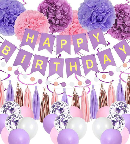 Purple Pink Birthday Party Decorations Set with Happy Birthday Banner, Hanging Swirls, Tissue Paper Pompoms, Circle Dots Garland & More Balloons