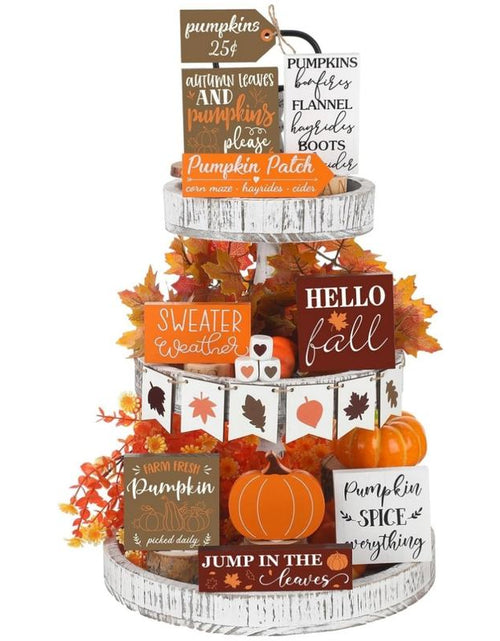 Load image into Gallery viewer, 15 Pcs Fall Tiered Tray Decor Set Hello Fall Decor Autumn Wood Signs Thanksgiving Orange Brown Table Signs Farmhouse Wooden Maple Pumpkin Gnomes Tabletop for Festival Home Decor(Autumn)
