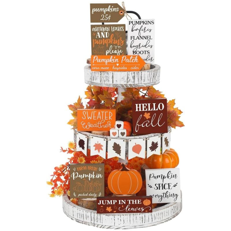 15 Pcs Fall Tiered Tray Decor Set Hello Fall Decor Autumn Wood Signs Thanksgiving Orange Brown Table Signs Farmhouse Wooden Maple Pumpkin Gnomes Tabletop for Festival Home Decor(Autumn)